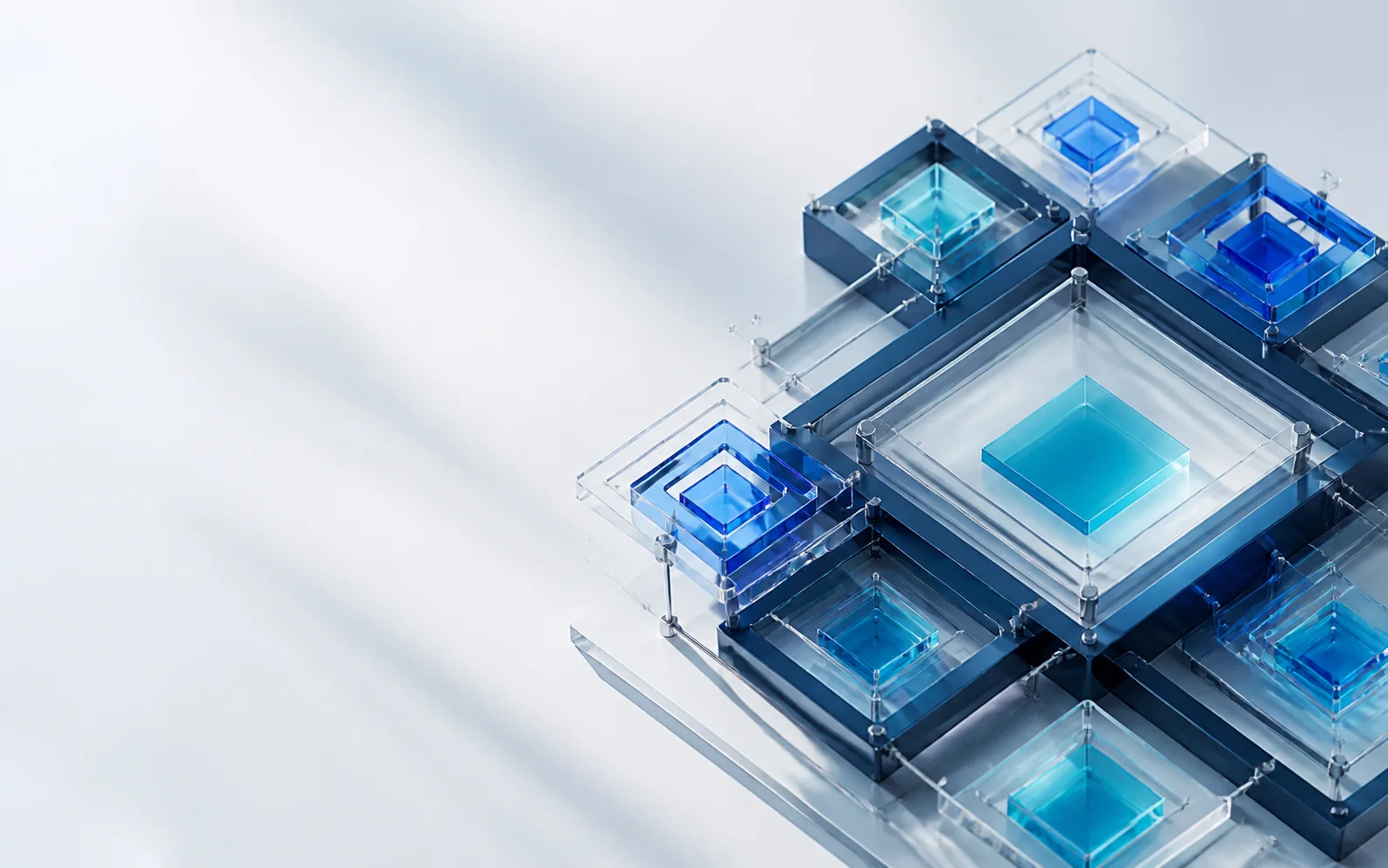 Módulos geométricos azules conectados como un sistema digital