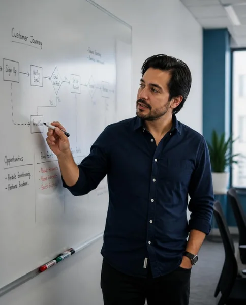Consultor dibujando en una pizarra el recorrido de un cliente